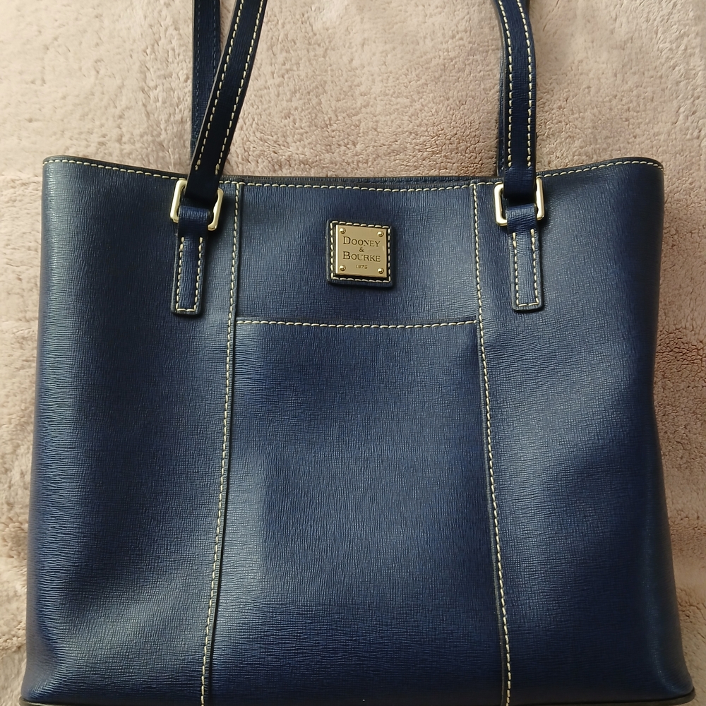 Dooney & Bourke Navy Leather Tote with Contrast Stitching